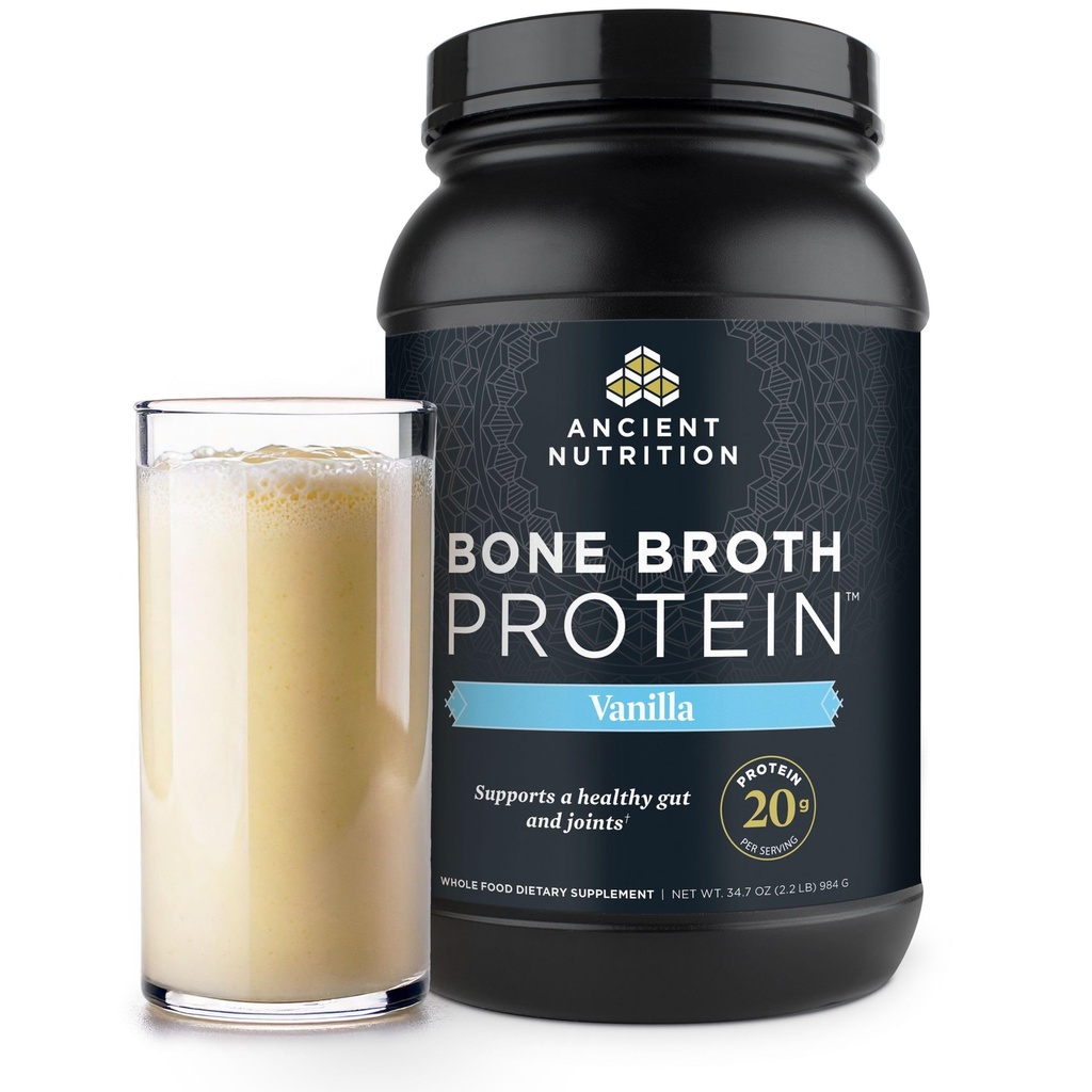 Ancient Nutrition Grass Fed, Bone Broth Protein Powder, 20 g białka, Zhydrolizowane Kolagen Peptydy, Keto & Paleo Friendly, Wsparcie Joint, Gut Health, Vanilla, 40 Sługi