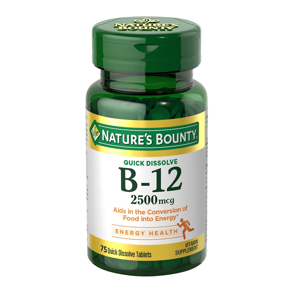 Bounty Witamina B12 2500 mcg, Wsparcie energetyczne komórkowe, dla metabolizmu energii, Serce i system nerwowy Zdrowie, 75 Szybko rozpuszczalne tabletki