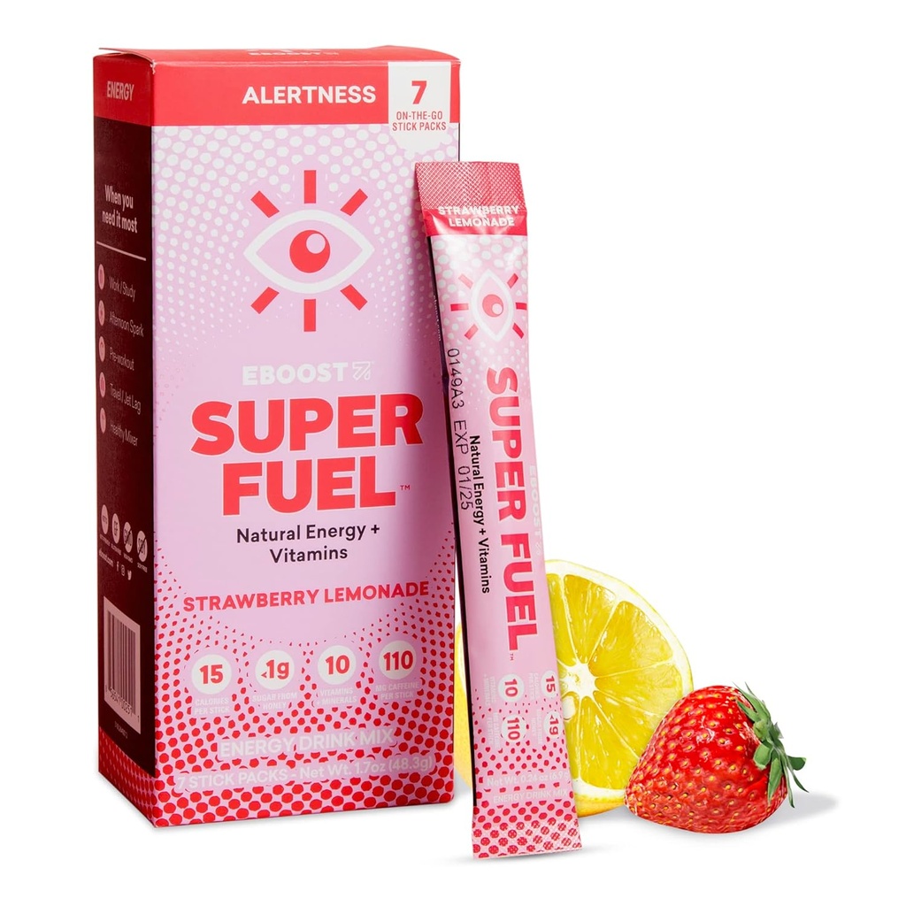 EBOOST Energy Drink Powder, Super Paliwo - Lemoniada truskawkowa, 7 Pakiety - Wstępny trening proszku Energy Drink Mix - Naturalna energia, L- Tyrozyna, L- Theanine & Witaminy - Wstępny trening dla kobiet i mężczyzn, aby przejść