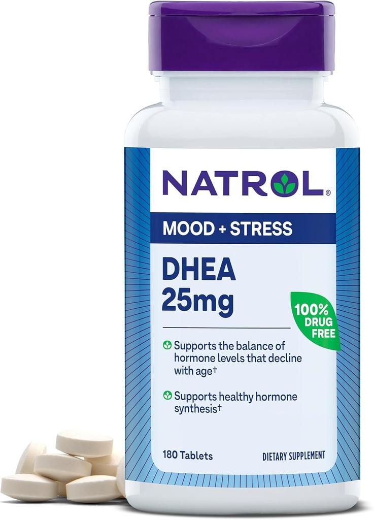 Natrol Mood & Stress DHEA 25mg z wapniem, Suplement diety dla równowagi niektórych poziomów hormonów i wsparcia nastroju, 180 Tablets, 180 Day Supply
