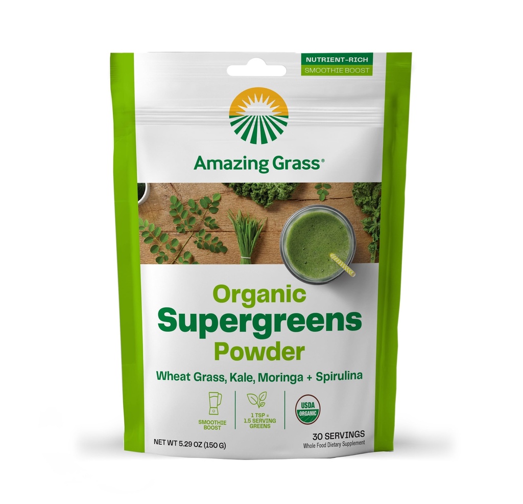 Niesamowite trawy Super Zielone Booster: Zielony Proszek Smoothie Mix z Spirulina, Moringa, Trawa pszenna & Kale Smoothie Booster, Chlorofil Zapewnianie Zielonych, 30 Służenie
