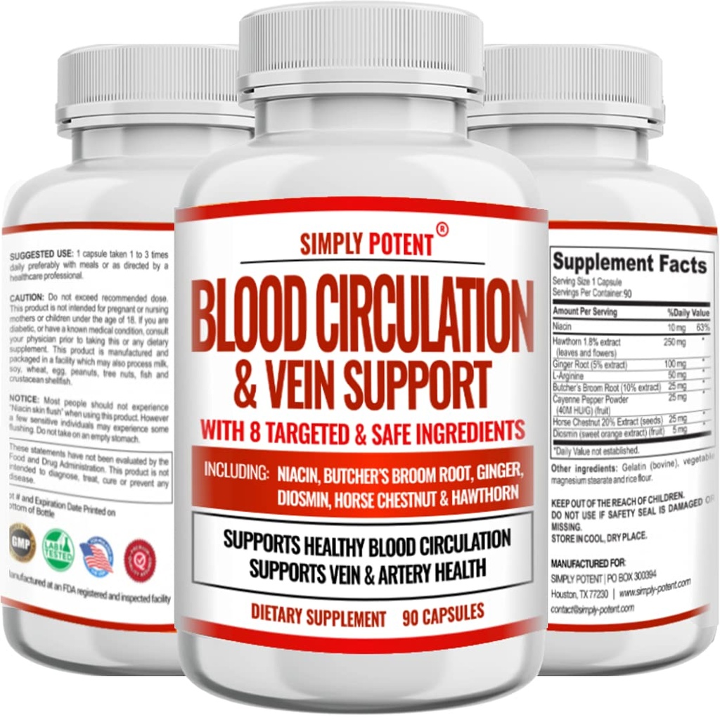 Blood Circulation & Vein Supplement Supplement, 90 Czapki, Pomaga ze Spider and Varicose Veins, Wspiera Statki, Noga i zdrowie układu krążenia z Niacyna, Ginger, Cayenne Pepper