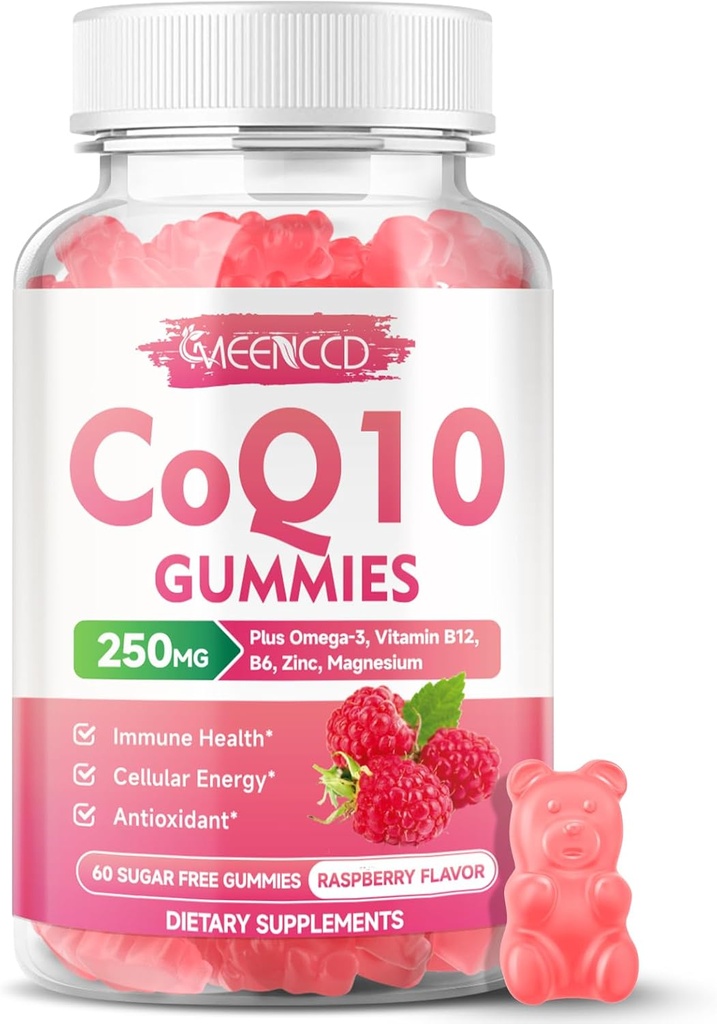 Bezcukrowe Gumiaki CoQ10 250mg, Suplementy Koenzym Q10 Plus Omega-3, Witamina B6 i Cynk, Wysoka Absorpcja CoQ10 Suplement do Wspomagania Energetyki Komórkowej i Przeciwutleniaczy, Smak Malina, Wegan 60Cts
