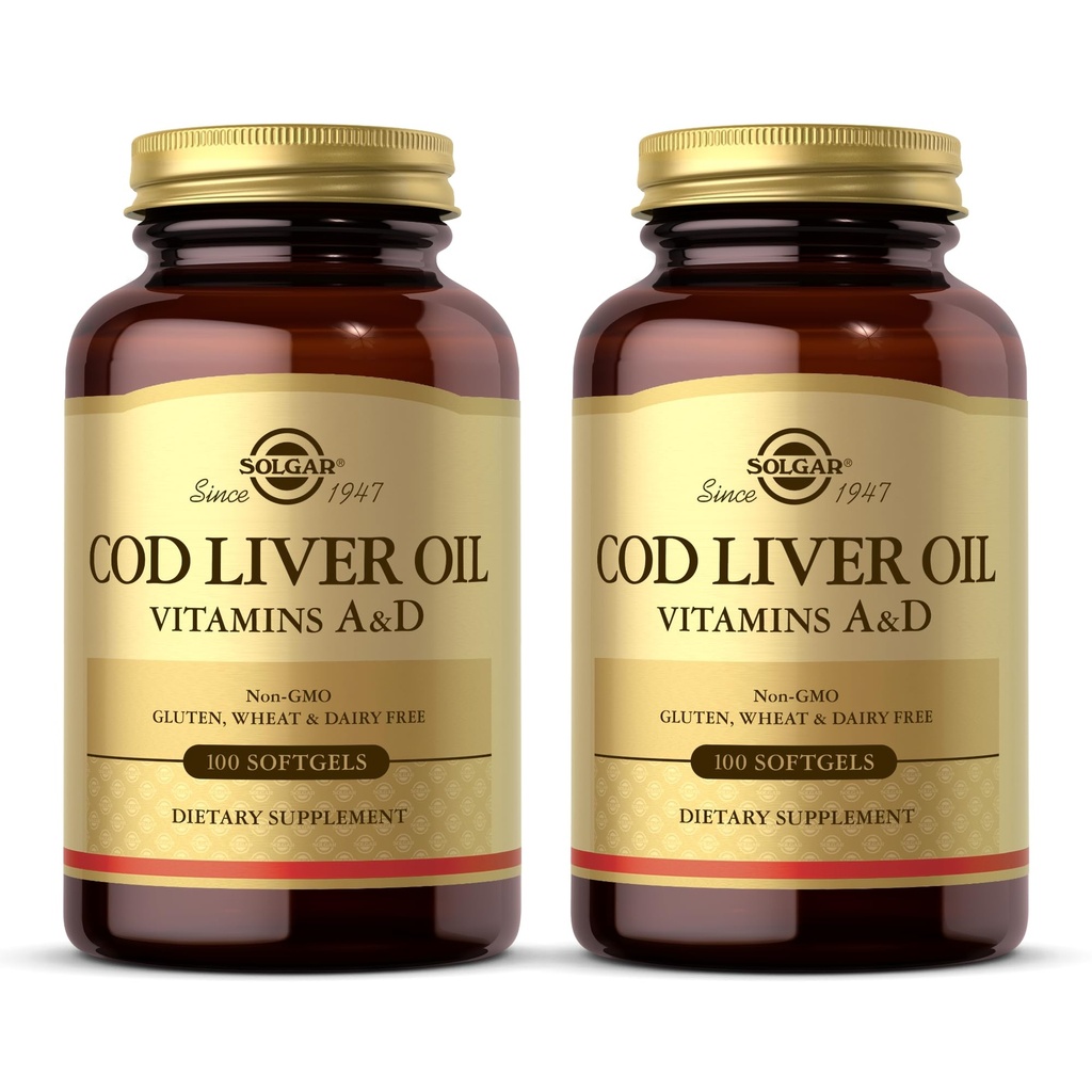 Solgar Cod Liver Oil - 100 Softgels - Zapewnia witaminy A & D - Non-GMO, Gluten Free - 100 Sług