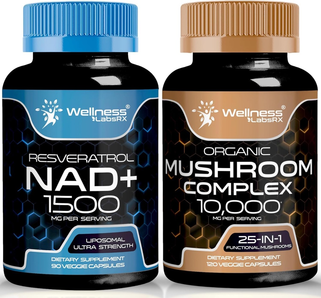 WELLNESS LABSRX NAD Supplement, 1500mg - Liposomal NAD + Suplement z Resveratrol Resveratrol 124; Organic Mushroom Supplement Capsules - 10000mg - 25 in 1 Mushroom Complex Capsules