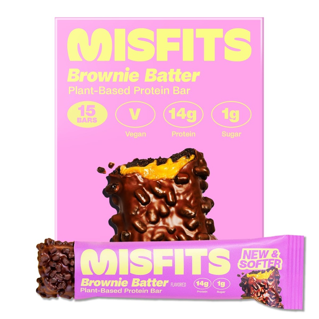 Misfits Wegan Protein Bars, Brownie Batter - Aktualizacja przepisu 124; Rośliny oparte, niski cukier & Carb, Wysokie przekąski włókno 124; Opakowanie 15