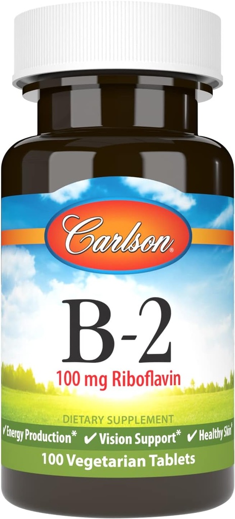 Carlson - B-2, 100 mg ryboflawina, produkcja energii, Vision Support & Healthy Skin, 100 tabletek wegetariańskich
