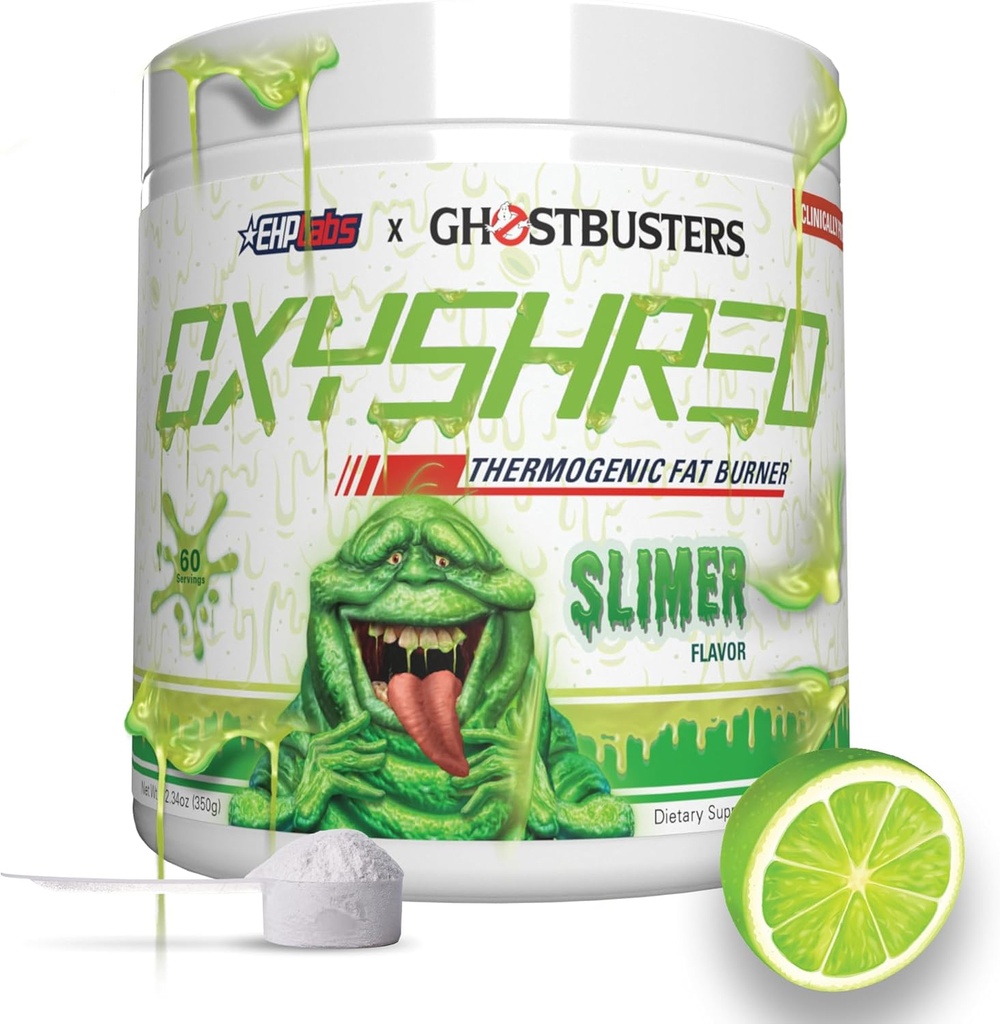 EHP LABS Ghostbusters OxyShred termogeniczne przed treningiem proszku i rozdrabniania suplement - Clinically Proven Prettenment Powder with Acetyl L Carnitine, Energy Boost Drink - Slimer Lime, 60 Servings