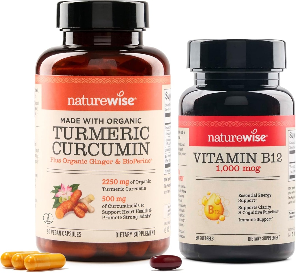 NatureWise Curcumin Turmeric 2250mg & Witamina B12 1000mcg Softgels Wspólne poziomy wsparcia energetycznego 60