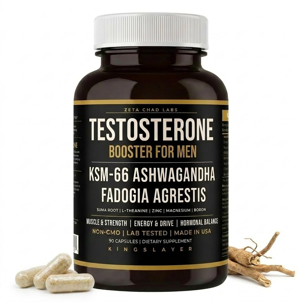 Kingslayer: 7- in-1 Testosteron Booster dla mężczyzn w / KSM- 66, Fadogia, Suma Root, L- Theanine, Cynk, Boron, Magnez - Mięśnie, Energia, Libido & Focus