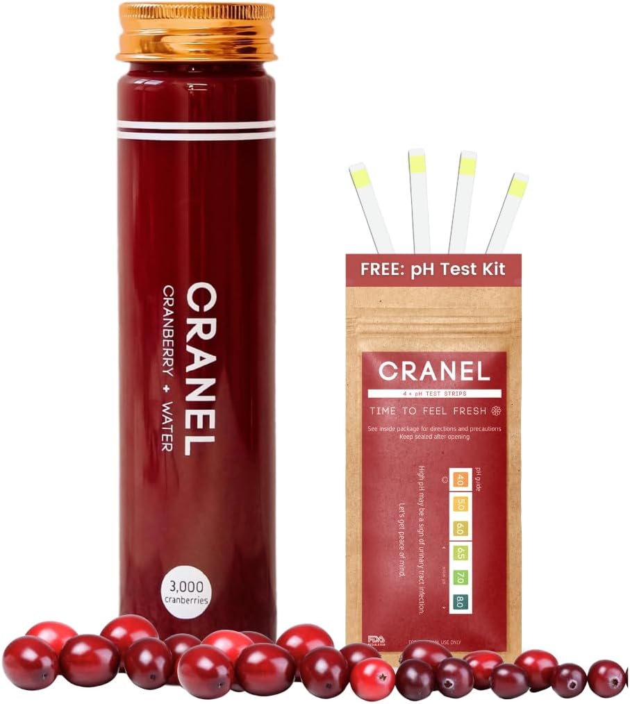 CRANEL Fast- Acting Cranberry Formula - Trakt moczowy & Gut Support - (1 Dar Supply) + Darmowy zestaw testów pH 124; 3000 Żurawiny, No Sugar, Wegan, Clinically Proven