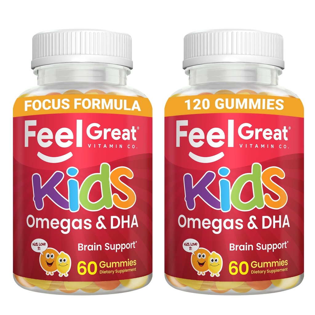 Poczuj wielkie witaminy Dzieci DHA Gummies z Omega 3 6 9, Witamina C (2- Pack) 124; Wspomaga zdrowe funkcje mózgu, Vision & Heart Health 124; Gluten Free, Wegetariańskie 124; 60 Gummies
