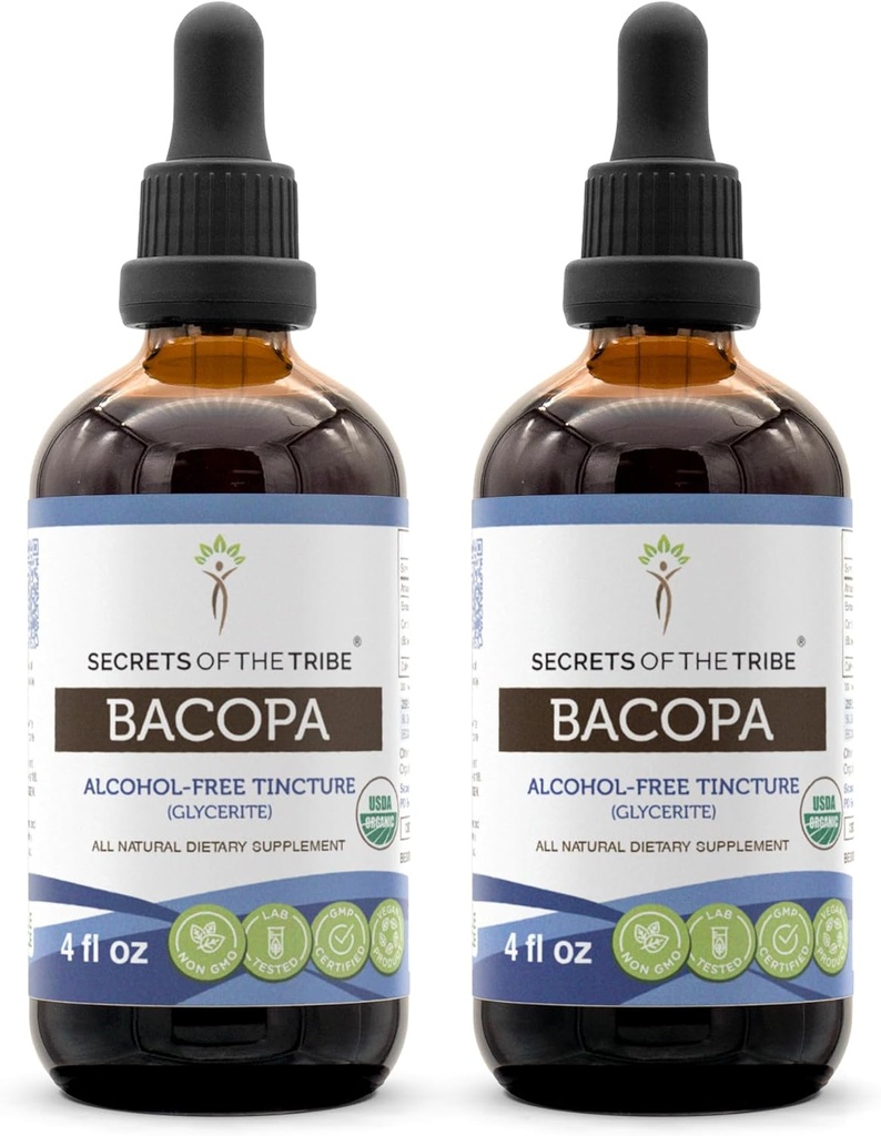 Bacopa USDA Organic Equipment 124; Wyciąg bez alkoholu, Wysokiej mocy Zioła Drops, Relaks, Pozytywny efekt kognitywny Equipment 124; Wykonany z 100% Certified Organic Bacopa (Bacopa Monnieri) Suszony Herb 2x4 oz