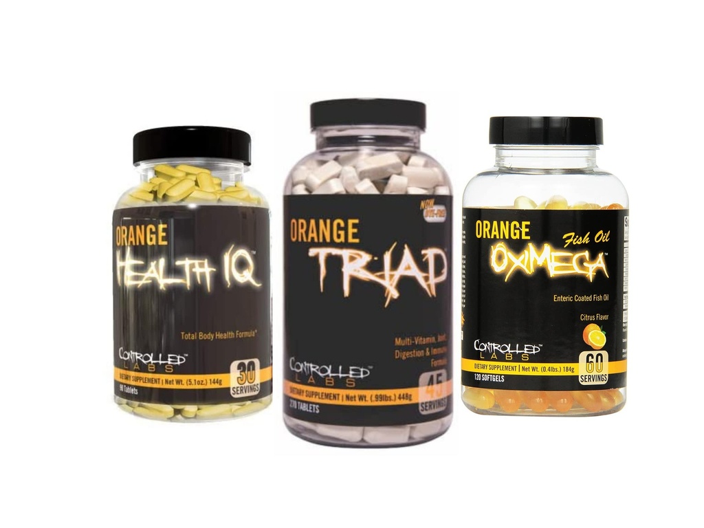 CONTROLLLED LABS Ogólny zestaw zdrowia, 45 Podawanie Pomarańczowy Triad, 90 Count Orange Health IQ, 120 Count Orange Oximega Fish Oil, Muscle Building and Recovery Supplement for Men and Women