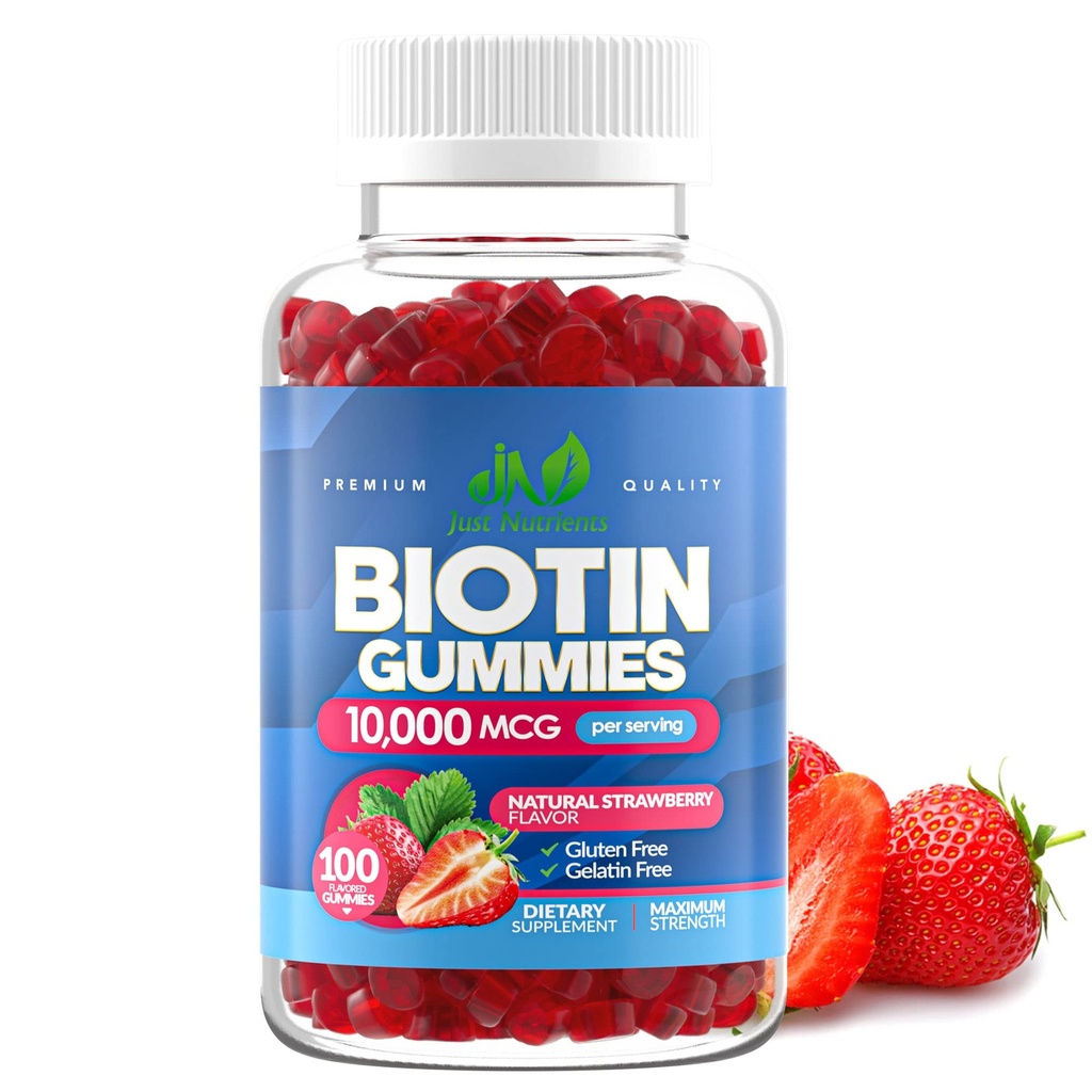 Biotin 10,000mcg Gummie dla kobiet i mężczyzn (100 hrabiego) - 2x Maksymalna moc Biotin dla wzrostu włosów, skóry i paznokci - Bez glutenu, Wegan, Nie-GMO, Wielki Smak Truskawki - 100 Gummies