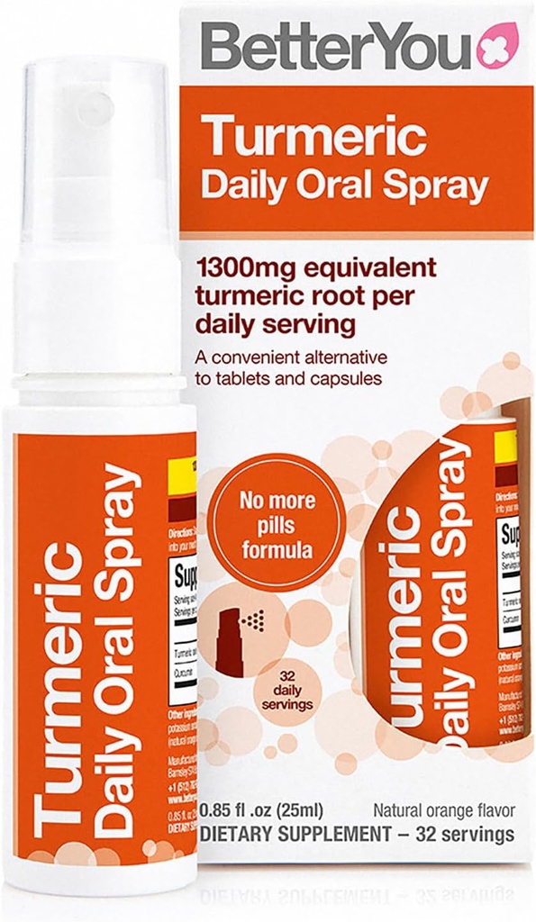 BetterYou Turmeric Oral Spray - Natural Liquid Turmeric Supplement - Prosta, wygodna alternatywa - Natural Orange Flavor - 0.85 oz