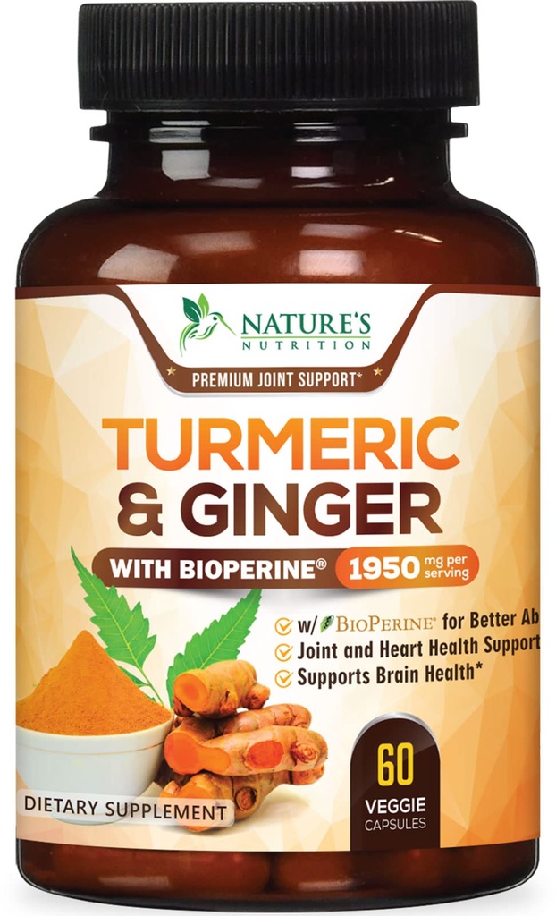 Turmeric Curcumin Supplement - 95% Curcuminoids with Organic Turmeric & Ginger, BioPerine Black Pepper Extract for Best Absorption, Natural Vegan Joint Support, Non-GMO, Bottled in USA - 60 Capsules