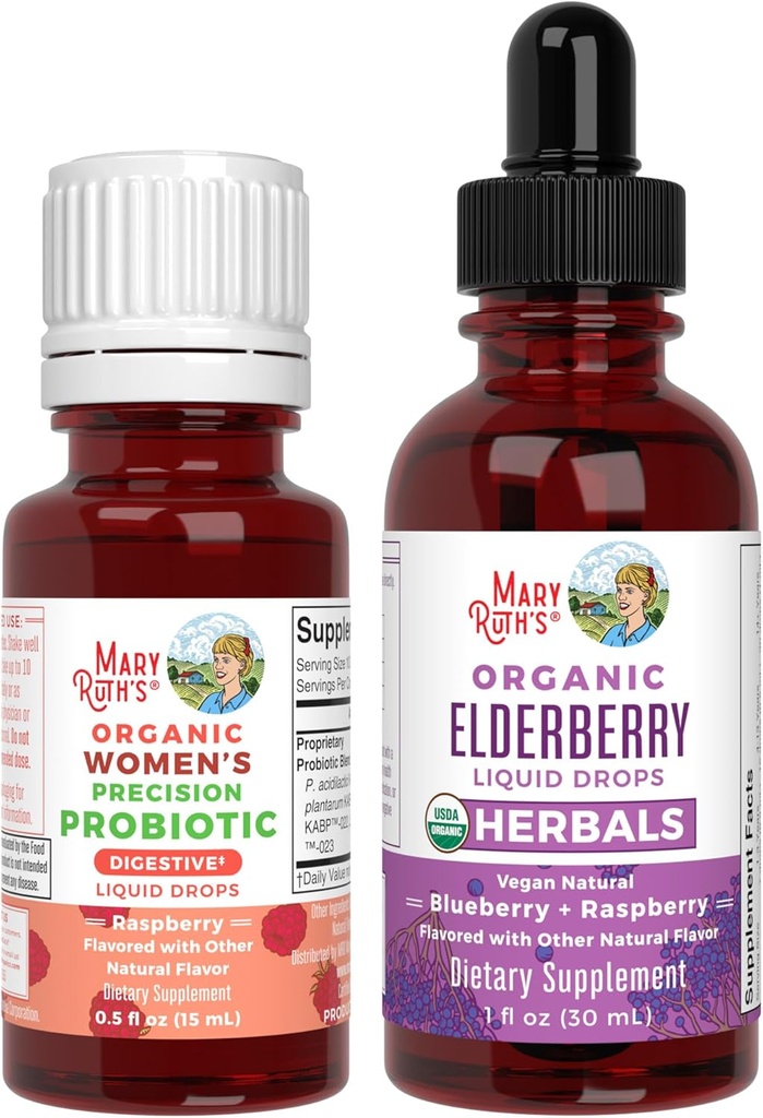 MaryRuth Organics Precision Probiotic for Women (Malina) & Krople Elderberry (Blueberry) 124; USDA Organic Birth124; Witaminy dla Gut Health, Immunitet, & Ogólny Wellness Birth124; Wegan, Non-GMO, Gluten Free