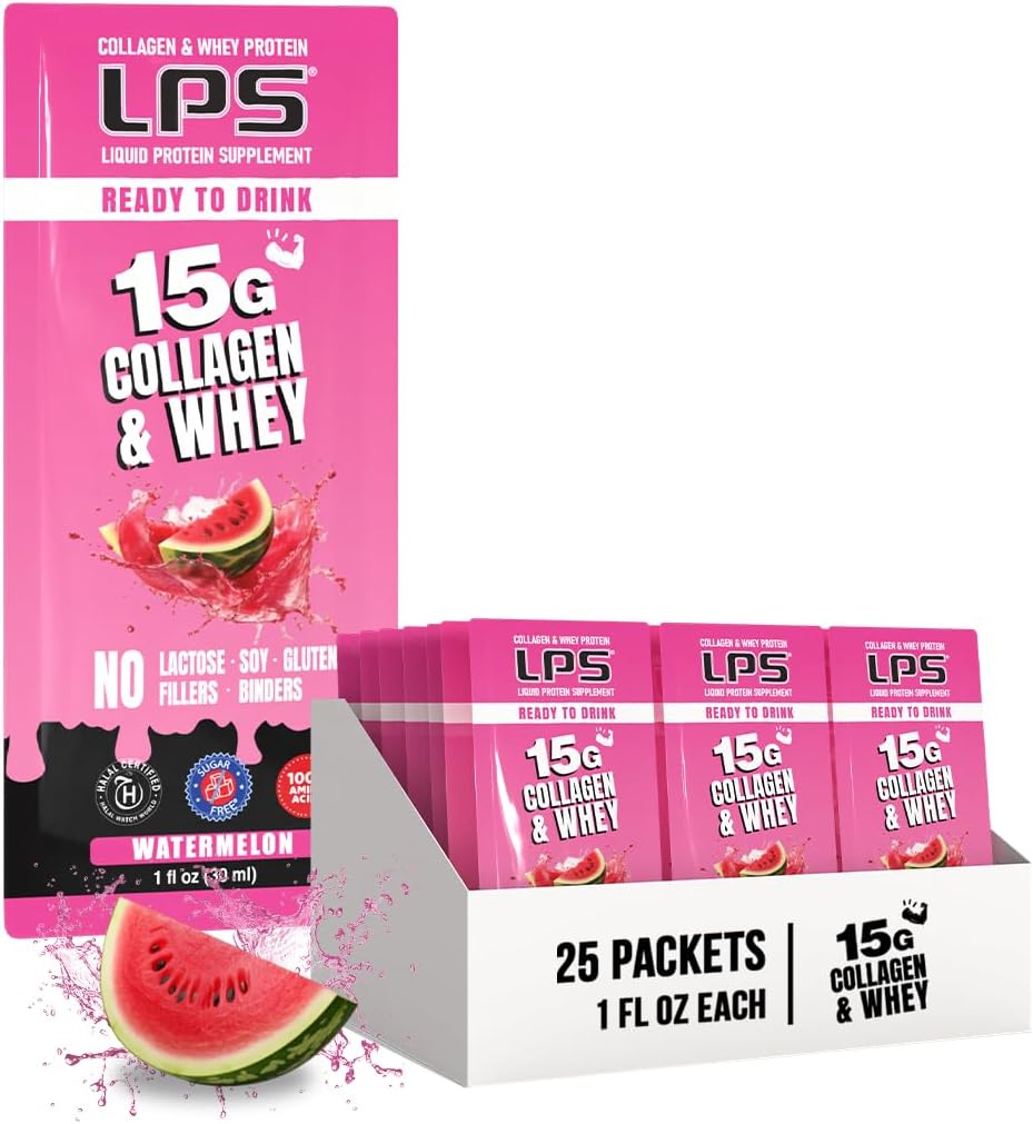 LPS Liquid Collagen & Serwatka suplement protein - Napoje niezawierające GMO, Bezcukrowe - Promotes Healthy Skin & Hair for Men & Women, Arbuz, Single Serve (50 pakietów)