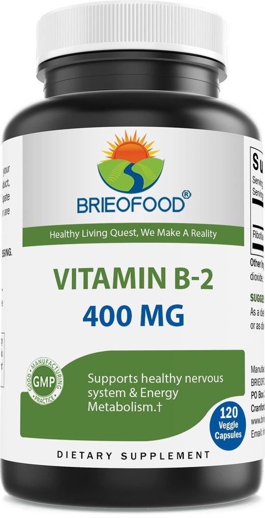 Witamina Brieofood B2 (Riboflavin) 400mg, 120 Kapsułek wegetariańskich - Gluten Free, Non-GMO