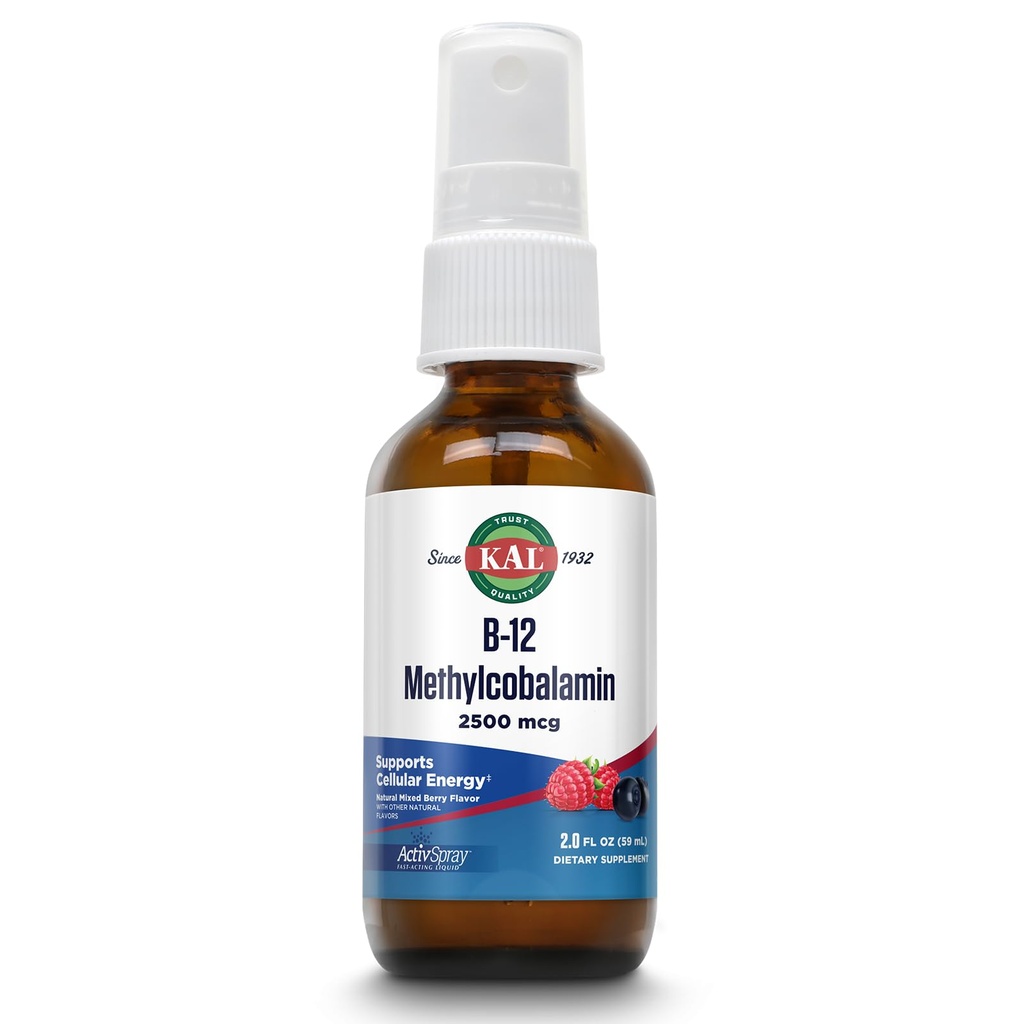 KAL Witamina B12 Metylokobalamina Activspray 2500mcg, Zdrowa Energia, Metabolizm, Nerve & Red Blood Support, * Szybkodziałająca ciecz B12, Maksymalna absorpcja, Naturalny aromat Berry, 80 Służenie, 2 fl oz