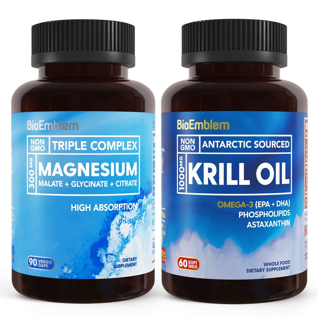 BioEmblem Triple Magnezu Complex and Antarctic Krill Oil, Wspiera Sleep and Brain Health, Heart and Joint Health, Promotes Cardioviral Health, oraz Wspiera Relaks