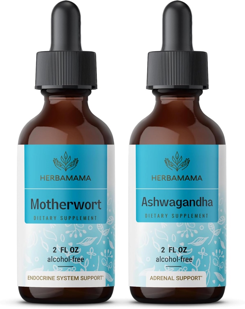Zestaw ziołowych kropli ziołowych HERBAMAMA - Bundle of Motherwort Extract & Ashwagandha Tincture 2 fl oz - Vegan, Non-GMO, Sugar & Alcohol-Free - 2 Pack