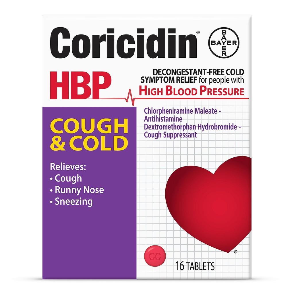 Coricidin HBP Bezwładniający Kaszel i Zimna Medycyna - Specjalnie Zaprojektowana ulga dla wysokiego ciśnienia krwi, Kaszel, Biegnący Nos, Kichanie i Zimne Objawy (16 Count)