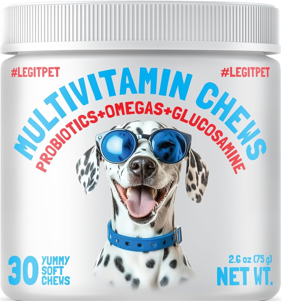 LEGITPET Dog Vitamin - 30 Multivitamin Chews w / Glukozamina Chondroitin, Probiotyka Enzymy Digestive i Omegas - Suplement do Zdrowia Ogólnego - Wspólne wsparcie, Immune Health, Skóra i Heart Health
