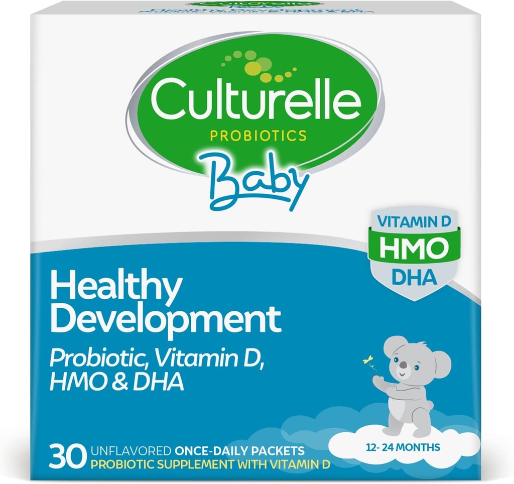Culturelle Baby Healthy Development Probiotic, Witamina D, HMO i DHA Pakiety, Pomaga promować zdrowy system immunologiczny i pokarmowy * w dzieci i dzieci w wieku 1 +, Gluten Free & Non-GMO, 30 Count (Pack of 1)