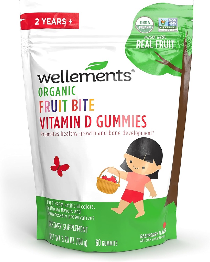 Witalności Organiczne owoce Bite Witamina D Gummies Gummee 124; Witamina D3 Gumy dla dzieci, Suplement do zdrowego wzrostu i rozwoju kości *, Malina Flavor 124; 60 Day Supply, Wiek 2 +