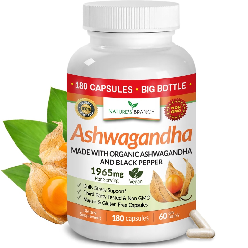 UDAF Zweryfikowany organiczny Ashwagandha z Black Pepper - 180 Kapsułek - 1965mg Dodatkowa siła dla stresu, snu, nastrojów, tarczycy, Focus, Włosy, Wegański czysty ekstrakt korzeniowy w proszku - Suplementy dla mężczyzn i kobiet