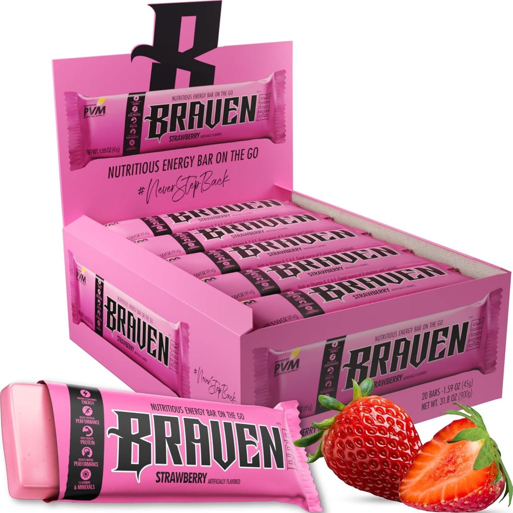 Braven Bar Strawberry Energy Bars (1.59 oz, Pack of 20) - Przeżuwacze energetyczne z 5 g białka - On- the- Przekąski energetyczne dla biegania, pieszych i sportowych - Gluten Free przekąski dla długotrwałej energii Boost