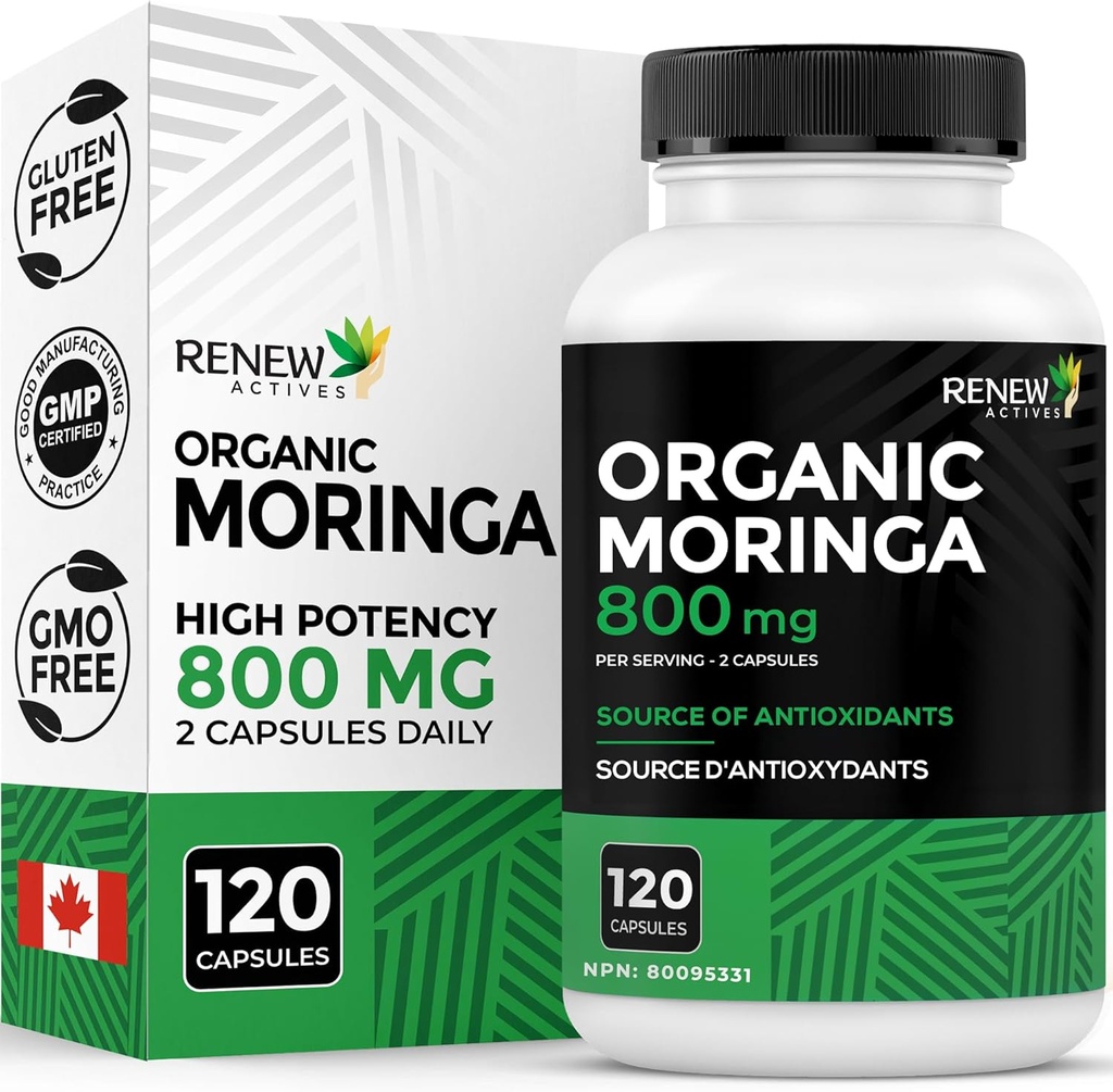 Renew Actives Moringa Leaf Supplement 800MG na 2 kapsułki - Przeciwutleniacz Rich Moringa Oleifera - Promotes Good Health & Wellness - Łatwy do połknięcia - Made in Canada - 120 kapsułek