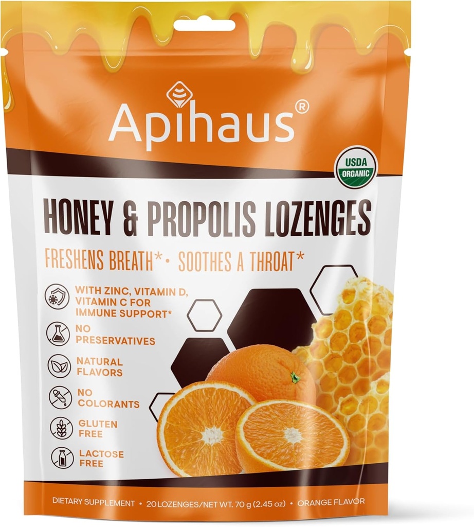 Miód i Propolis Lozenges Pomarańczowy Flavor, Świeże oddech - łagodzi gardło - Wsparcie immunologiczne z witaminą C, Witamina D i cynku, 20