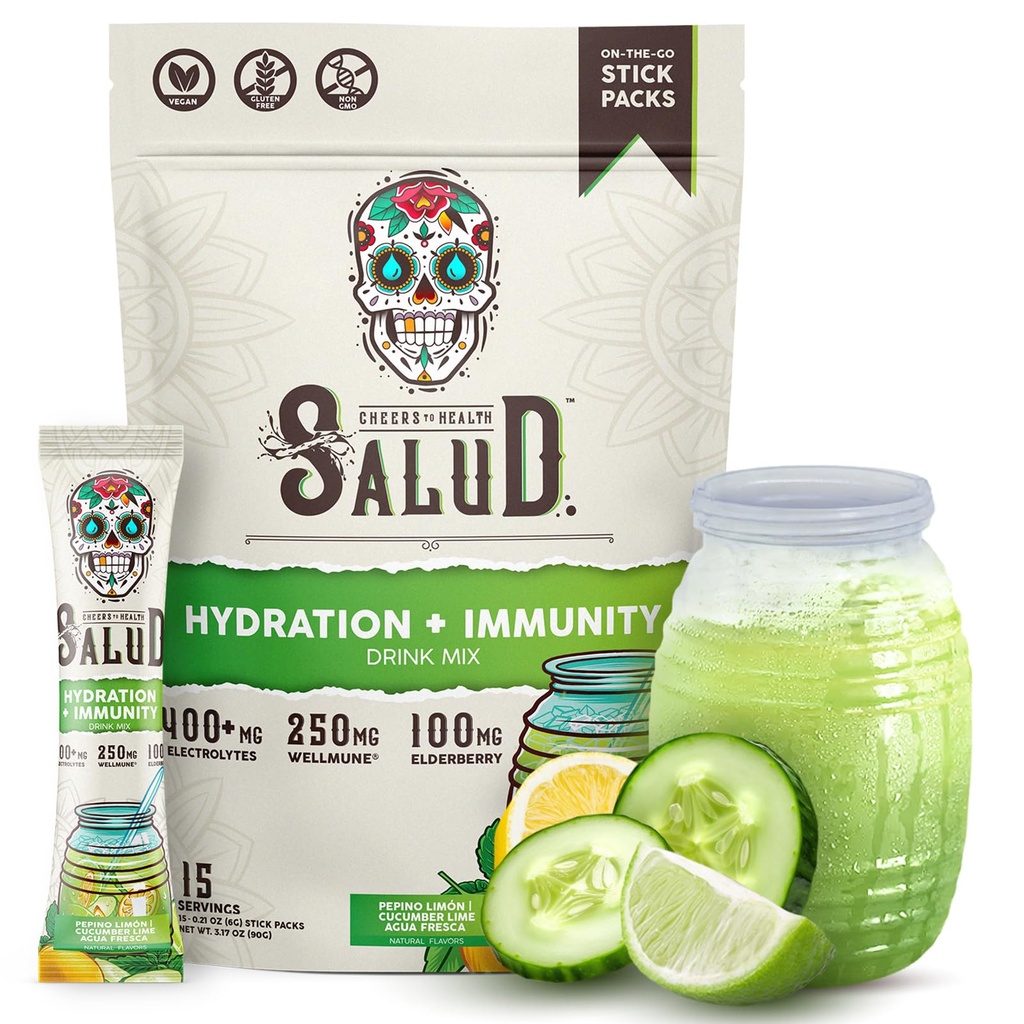 Salud 2- in-1 Pakiety nawadniające + Immunitet Electrolytes Powder, Cucumer Lime - Agua Fresca Drink Mix, Elderberry, Dairy & Soy Free, Non-GMO, Gluten Free, Wegan, Low Calorie, 1g Sugar (15 Servings)
