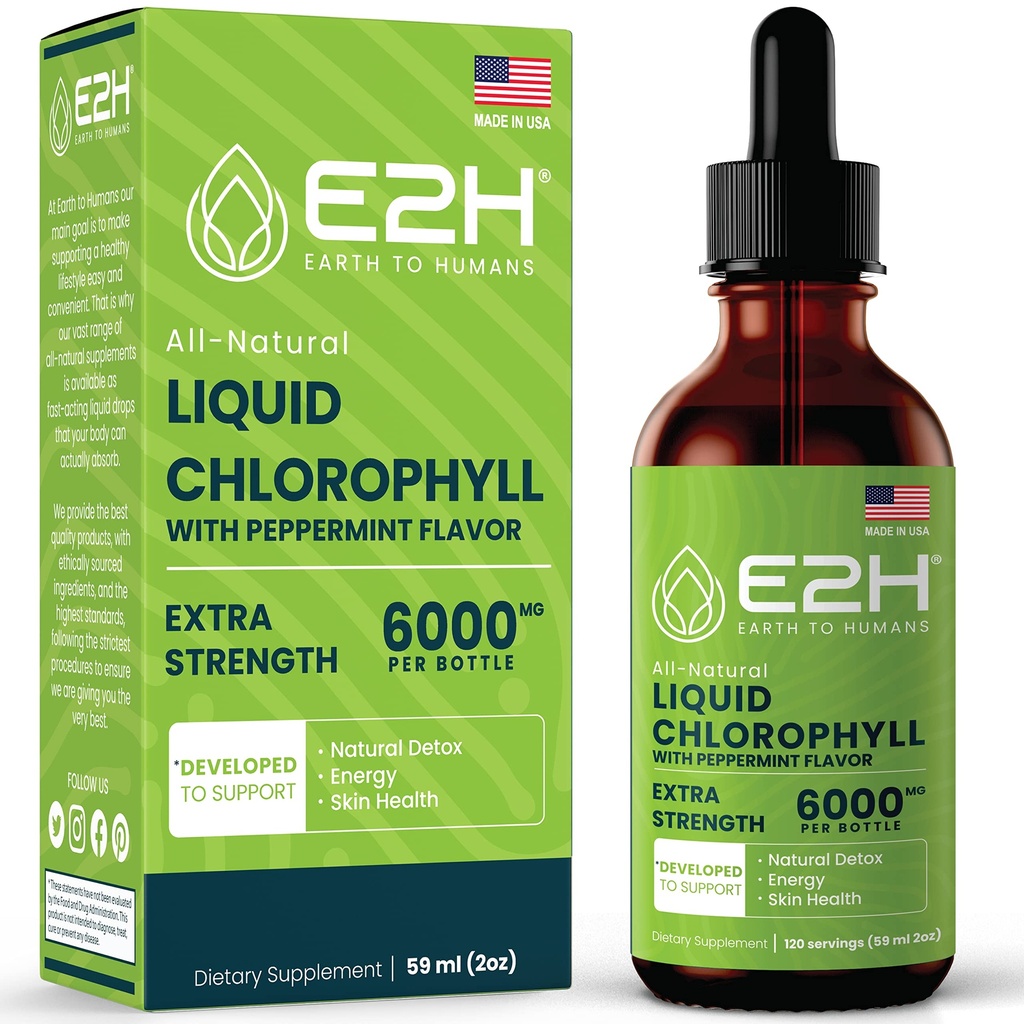 E2H Chlorofil płynne krople - Natural Energy Booster, Immune System Support and Internal Deodorant - Peppermint Flavor - 2 Fl Oz