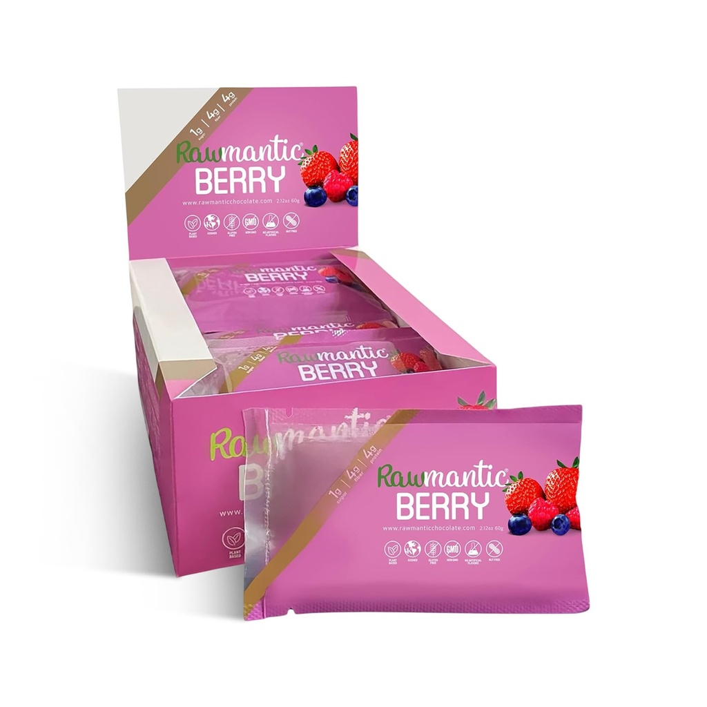 Rawmantic Czekolada Berry Wegan Energy Bars - 2.1 Oz (Pack of 12) - Czekoladowe przekąski Bary - Dairy, Nut i gluten Free Mieszane Berry Bar - Perfect for Vegan Diets - Nie- GMO Mieszane Berry Czekoladowe Bary energetyczne