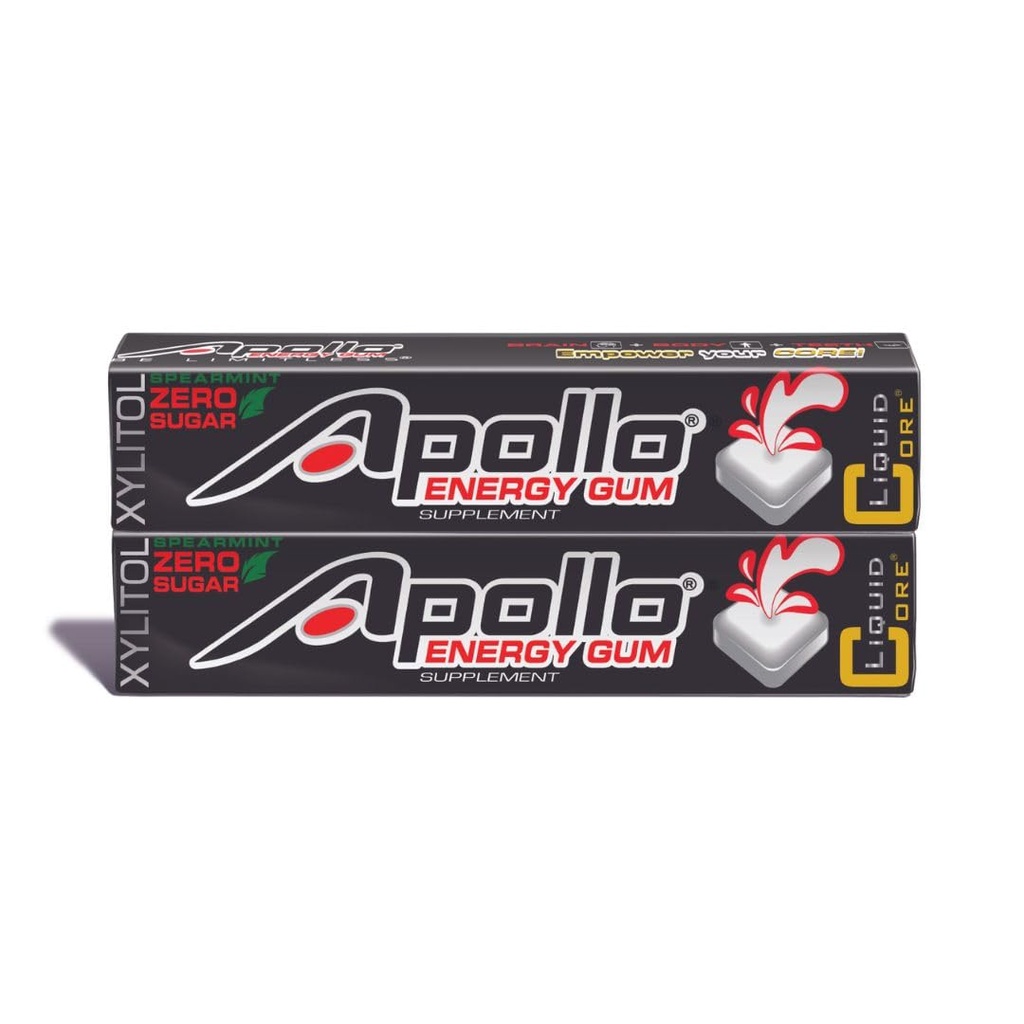 Apollo Energy Gum by Liquid Core - 80mg naturalna kofeina na kawałek - bez cukru, bez aspartame-, Guma Xylitol - 5 kawałków na opakowanie (2 opakowania)