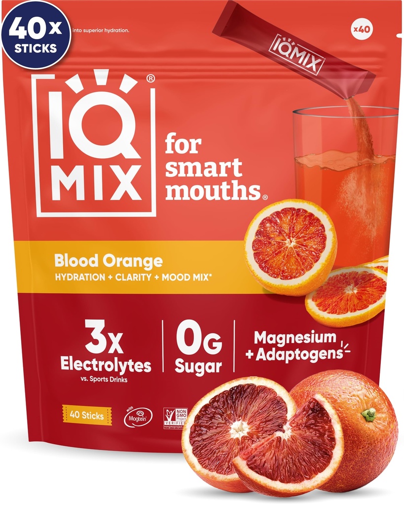 IQMIX Hydration Electrolyte Powder - 4- in-1 Formuła do nawilżenia, Jasność mentalna, nastrojenie i odzysk - Bezcukrowy napój Mix, Keto, Magnezu L- Threonian, Lwie grzywa - 40 Pomarańcza krwi