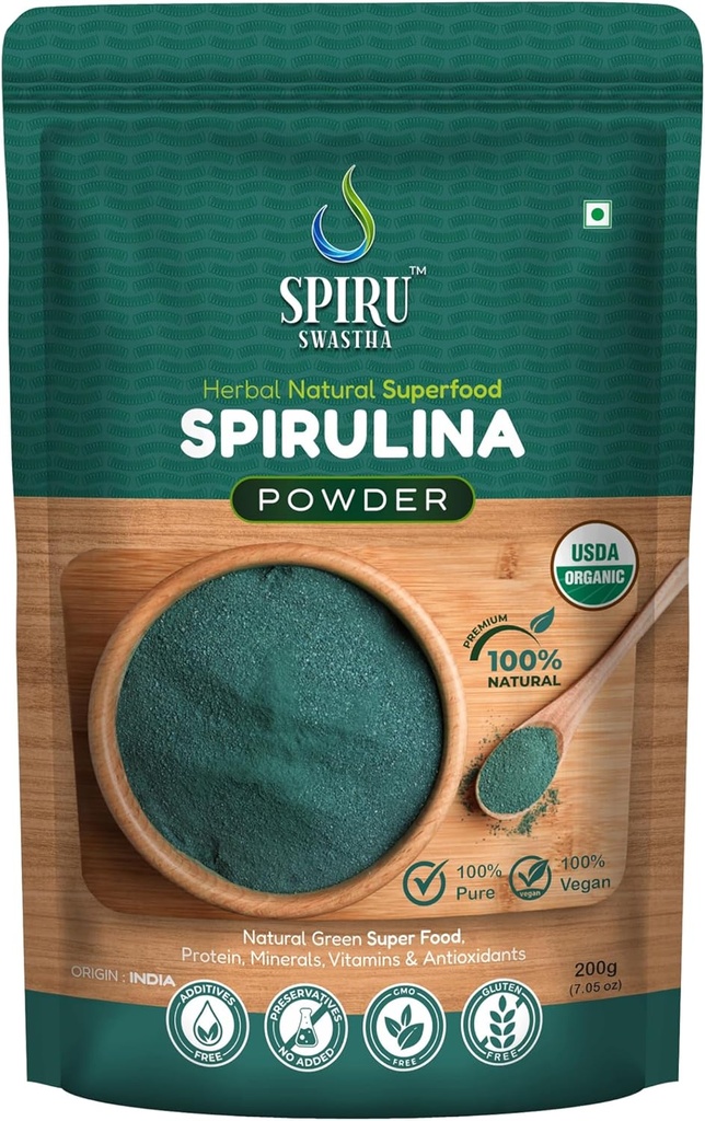 Proszek Spirulina organiczna, 100% Wegan, Herbal Natural Food z białkiem, Witaminy, Minerały, Non-GMO, Nienapromienianie, USDA Certified (200 Gram)