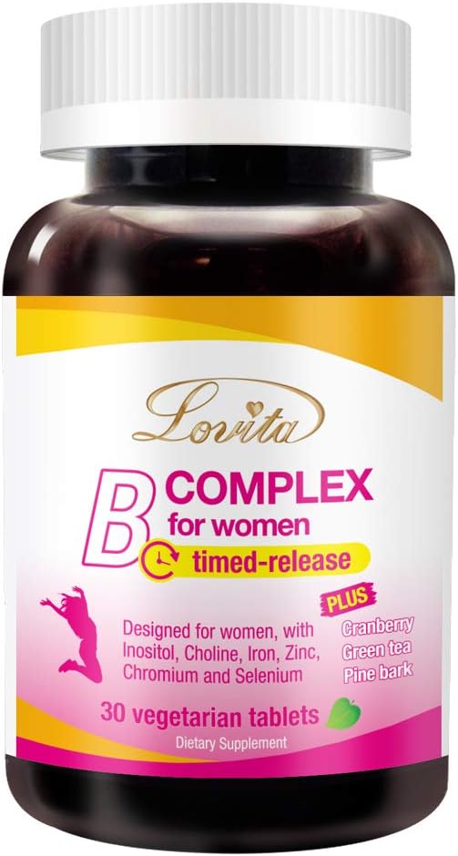 Lovita B Complex Supplement for Women - Wysokiej potencji Timed Release z żelazem, Witamina C, Żurawina, Pine Bark, Zielona herbata, 30 Tabletki wegetariańskie