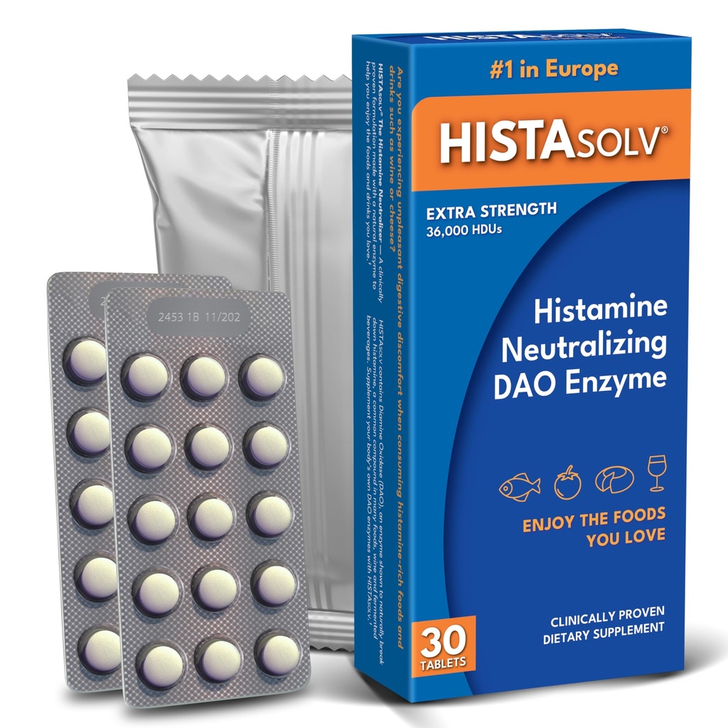 Histasolv Extra Siła DAO Suplement enzymatyczny do nietolerancji histaminowej żywności - Eases Digestive Discofort - Opatentowany Tech - Made in Austria - 30 Pack