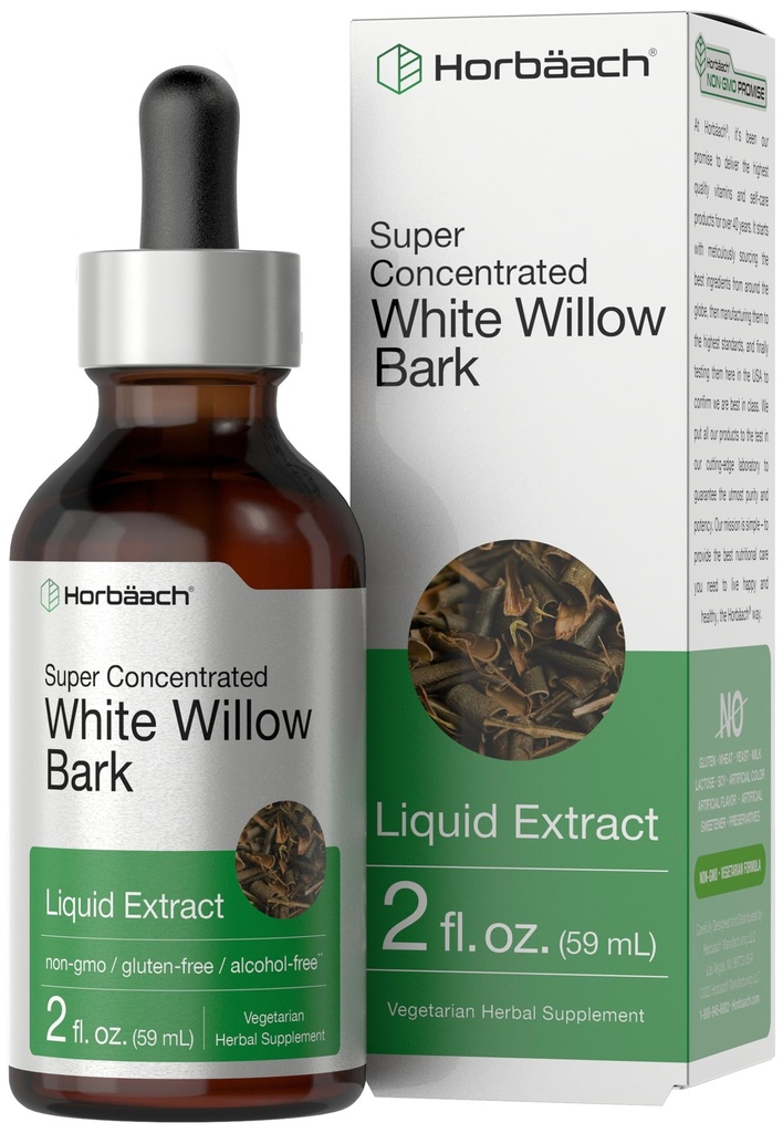 Horbäach White Willow Bark Ekstrakt nalewka 124; 2 Fl oz 124; Alkohol wolny suplement płynny 124; Super skoncentrowany 124; Wegetariański, Non-GMO, Gluten wolny