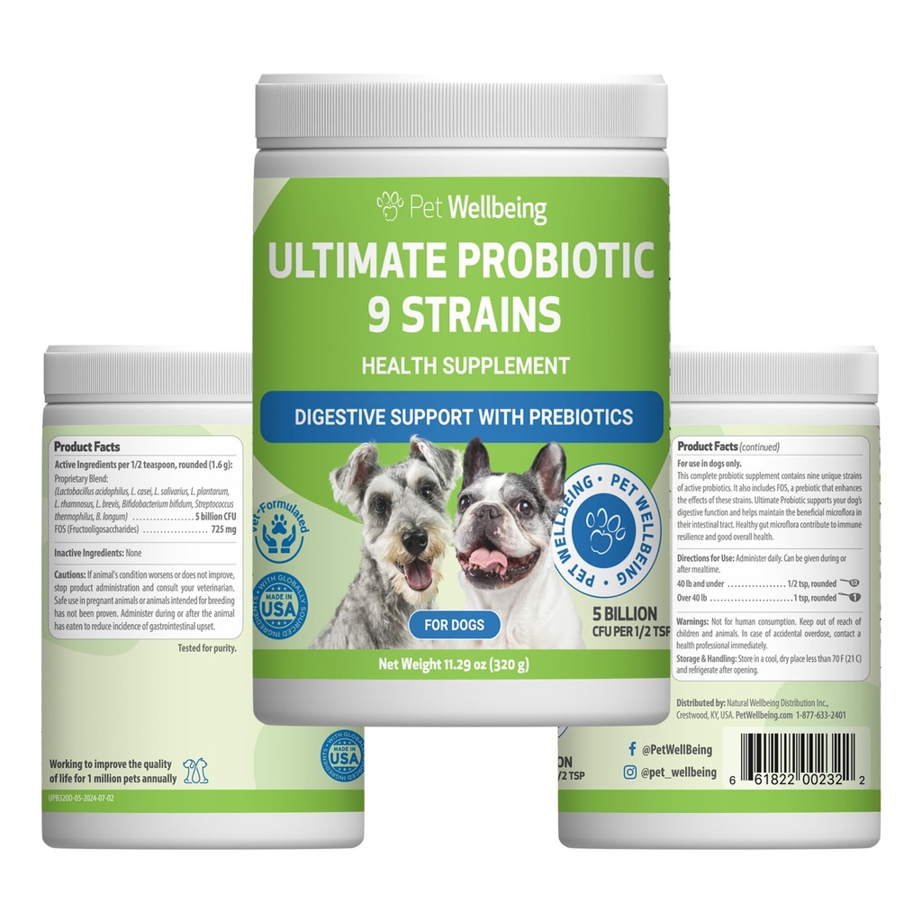 Pet Wellbeing Ultimate Probiotic 9 Szczepy dla psów i kotów - Wspiera Gut Mikrobiome i trawienie, Pielęgnacja układu immunologicznego, Urynary Tract Health, FOS, 2,5 Miliard CFU - 11.29 oz (320 g) Proszek