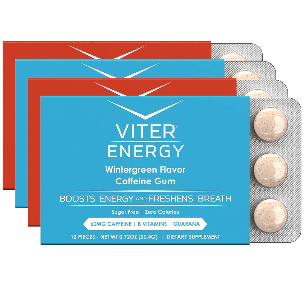 Viter Energy Kofeinowana Guma 60mg Kofeina, Witaminy B, Guarana, Cukier wolny. (Odmiana, 12szt, 4 Pack)