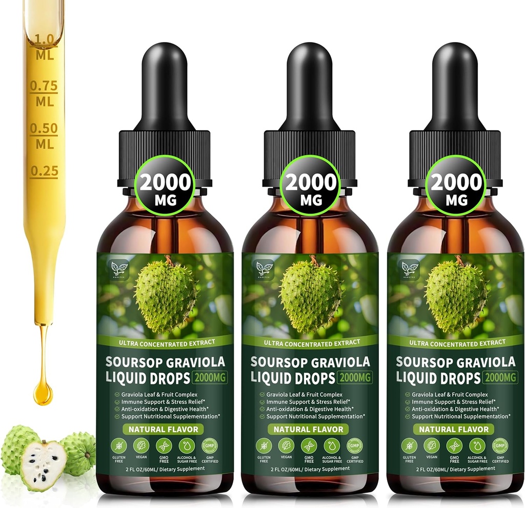 (3 Pack) Soursop Graviola Liquid Drops 2000mg, 98% Wchłanianie dla wsparcia i regeneracji komórek, Immune Boost, Wątroba, Ziołowy Dobroć, Soursop Bitters Liquid- Sugar / Gluten Free, Natural Flavor, 6 Fl Oz