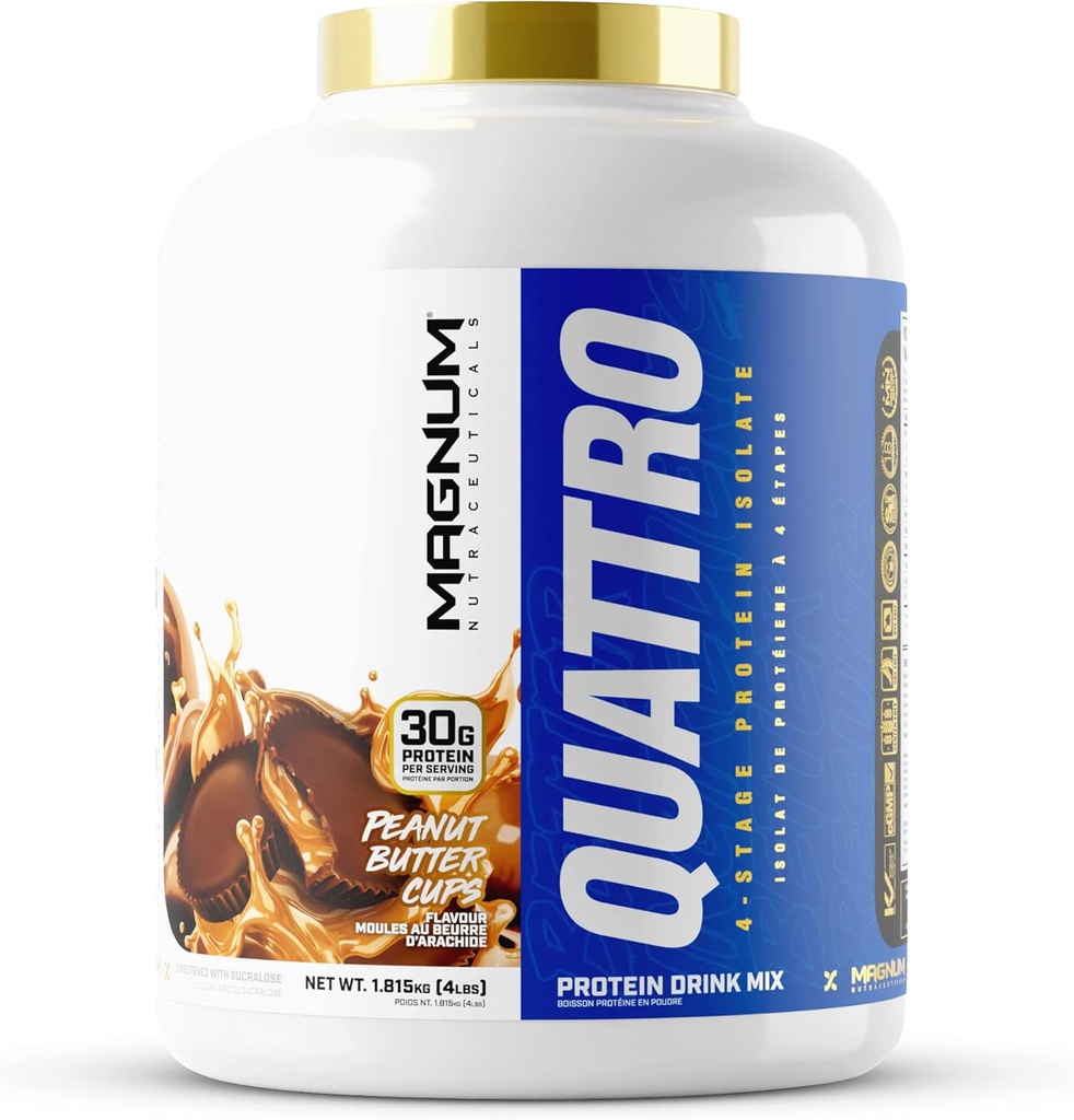 Magnum Nutraceuticals Quattro Serwatka w proszku Białko, Masło orzechowe Puchar 4lb - Premium Izolacja białka Mieszanka do wzrostu i odzysku mięśni