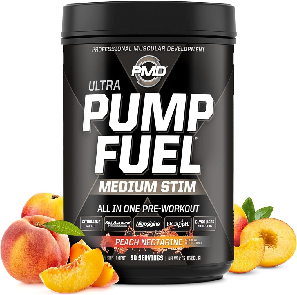 PMD Pompa sportowa Paliwo Ultra średnie Stim - Premium Pre Workout Powder & Pompa mięśniowa, Greater Focus, Endurance & Recovery, Premium Creaine, Arginina & Beta Alanine - Peach Nectarine (30 Służenie)