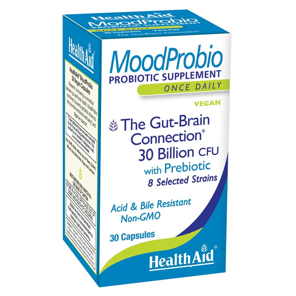 HealthAid MoodProbio 30 Ct, 30 Billion CFU z Prebiotykiem, 8 Wybrane Szczepy, Raz dziennie, Acid & Bile Resistant, Gluten, Dairy, i GMO Free, Wegan